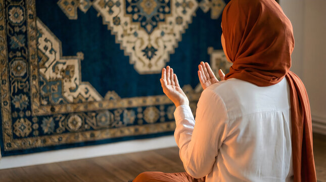 Muslim woman praying with hands up on prayer mat facing away in home with traditional decor.