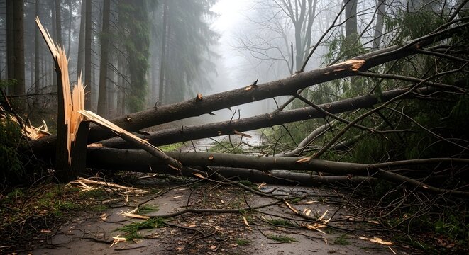 Storm Damaged Forest Road Covered by Fallen Trees Creating Hazardous Blocked Path in Nature