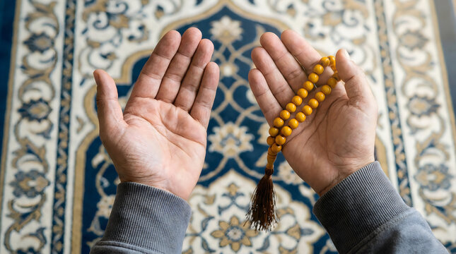 Muslim man holding prayer beads in hands praying on traditional mat from above view.