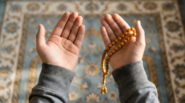 Muslim man holding prayer beads in hands praying on traditional mat from top down view.