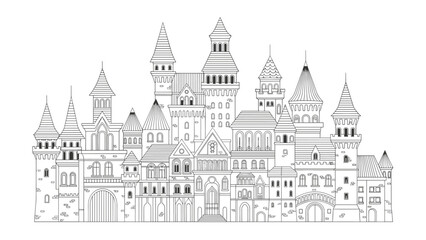 Obraz premium Intricately detailed black and white line drawing of a majestic fantasy castle or historical city, featuring numerous towers and architectural elements.
