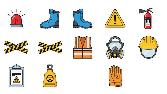 Comprehensive collection of safety and hazard icons, including safety gear, warning signs, emergency equipment, and hazardous material symbols.