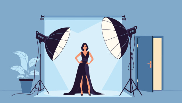 Confident woman in an elegant black dress striking a pose in a professional photo studio, illuminated by large softbox lights.