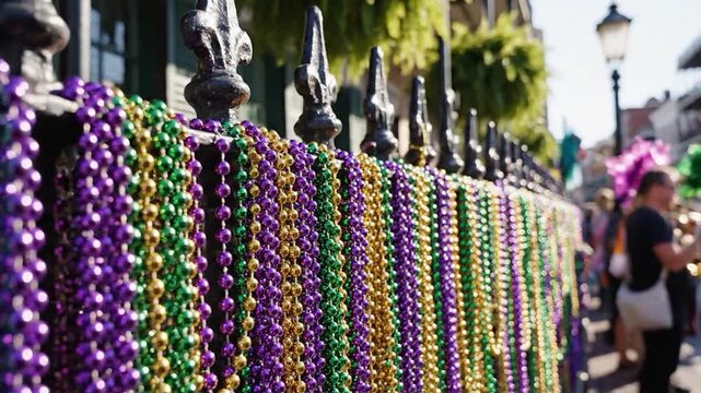 Colorful beaded necklaces hang on a decorative fence during a festive outdoor celebration