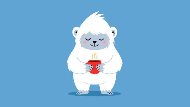 Adorable white yeti or abominable snowman with rosy cheeks, happily holding a steaming red mug, suggesting a warm drink, on a blue background.