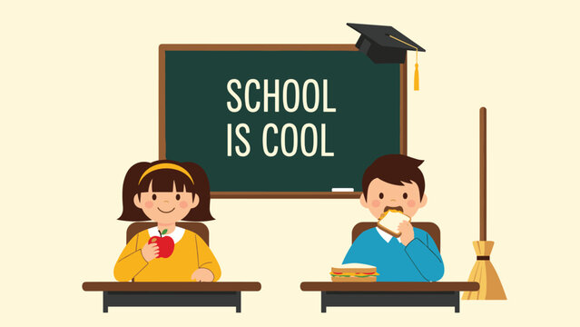 Happy children sitting at school desks in a cheerful classroom, one eating an apple and the other a sandwich, with "SCHOOL IS COOL" on the chalkboard.