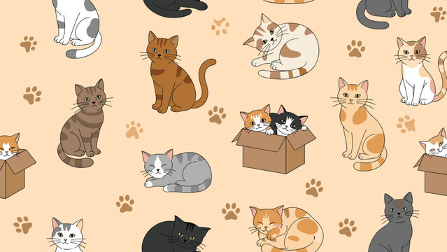 Charming seamless pattern featuring an array of cute cats and kittens in various poses, interspersed with paw prints on a light brown background.