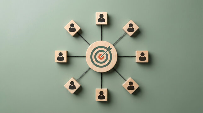 bullseye business target icon connected to team members in network, strategic planning and teamwork concept, goal alignment, collaboration, leadership, organization structure and communication model