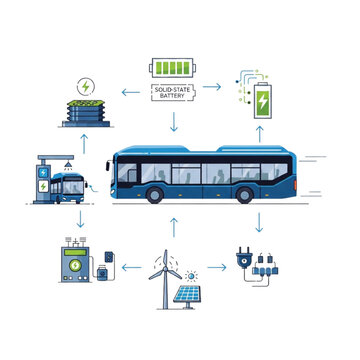 Electric bus transportation system powered by renewable energy, featuring solid-state battery storage and smart charging infrastructure for urban mobility