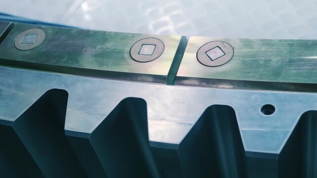 A large industrial spur gear made from individual segments allowing for a variety of sizes. Closeup. Shot in motion