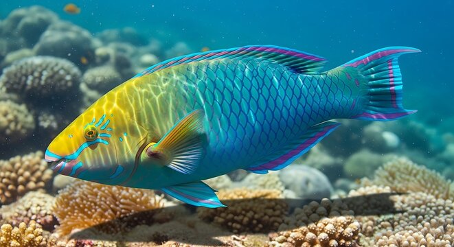 Vibrant blue and yellow fish swims over coral reef underwater sea floor