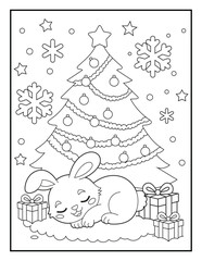 Fototapeta premium Sleeping Bunny Under Christmas Tree Coloring Page for Kids. Simple Holiday Line Art for Children.