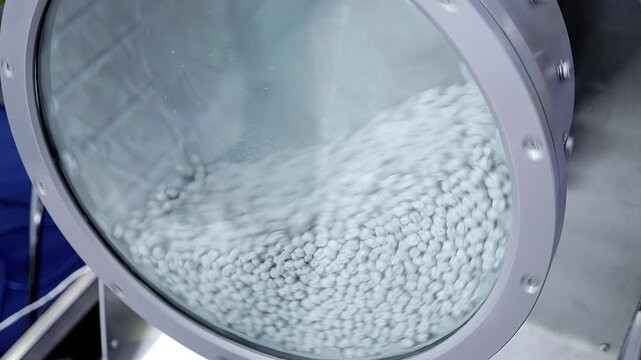 A large industrial dehydrator in which the glass-sided drum rotates and effectively dries the required ingredients. Closeup