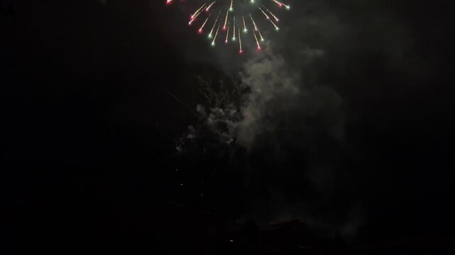 Beautiful fireworks exploding with vibrant colors and smoke against the dark night sky