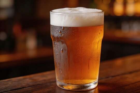 Copo de cerveja artesanal gelada com espuma sobre balc&atilde;o de madeira em um bar escuro.