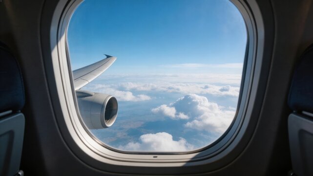 Vista da janela do avi&atilde;o durante o voo. Asa da aeronave e motor acima das nuvens brancas no c&eacute;u azul. Conceito de viagem e turismo