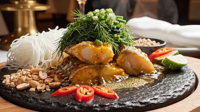 Sizzling Cha Ca La Vong turmeric fish with dill and peanuts on black slate platter
