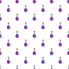 Obraz premium Purple liquid potions in glass bottles creating a repeating pattern
