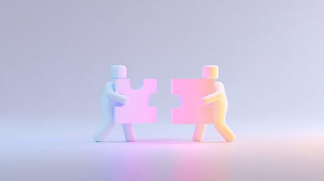 Two 3D figures align colorful puzzle pieces, representing synergy, team connect, unique solution and successful problem solve, on a bright background