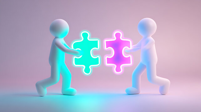 Two stylized characters connect glowing jigsaw puzzle pieces, symbolizing collaboration, problem solve, synergy, partnership, and successful completion on a vibrant background