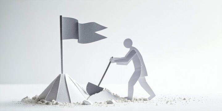 Paper figure digs around small flags. Minimalist scene depicts effort, challenge, perhaps futility. White background emphasizes stark contrast.