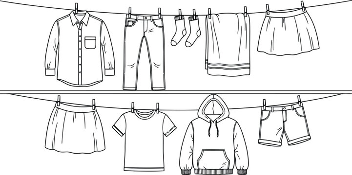 Color page laundry clothes hanging on a clothesline