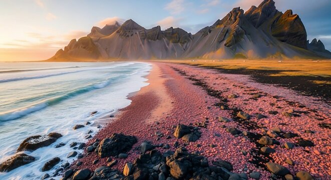 Coastal mountains sunrise landscape with ocean waves and a sandy beach