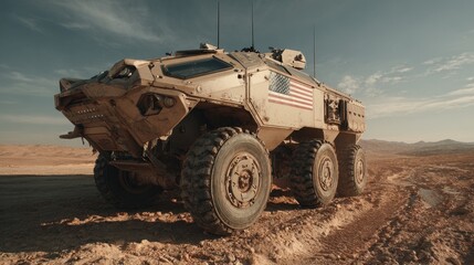 Fototapeta premium Military vehicle operates on dusty terrain with American flag visible in the background during daytime in a desert region
