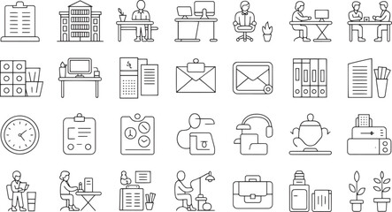 Fototapeta premium Collection of hand drawn office work and technology icons isolated on transparent background