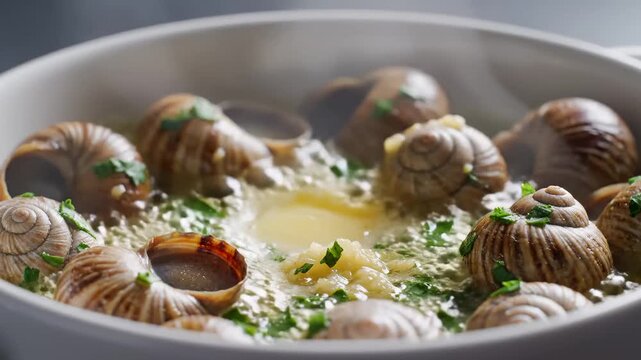 Steaming Escargots Cooked in Garlic Butter and Herbs in a White Dish, Close-Up