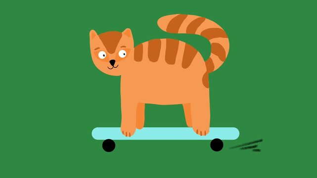 Cute skateboarding orange cat, loop animation.