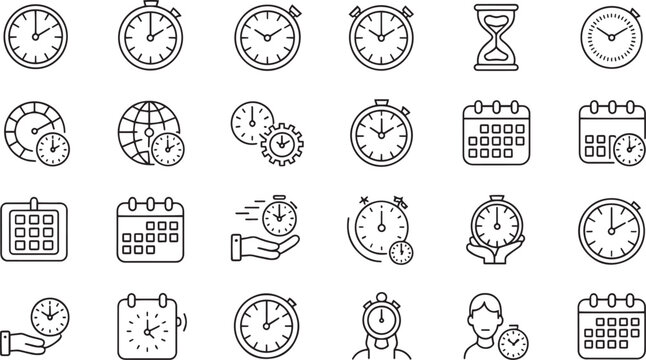 Collection of modern time management and scheduling icons representing clocks calendars and hourglass