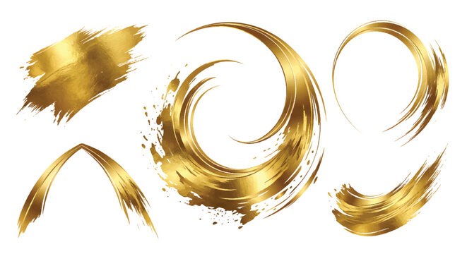 Golden spiral brush strokes and circular metallic frames for elegant logo design and luxury artistic backgrounds.