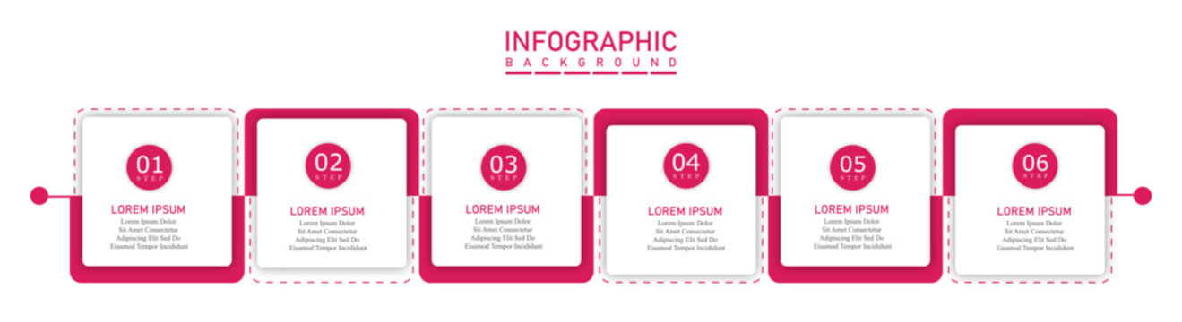 Business infographic with 6 rectangular steps information templates | Marketing traditional chart for representing business condition or growing process with magenta illustration
