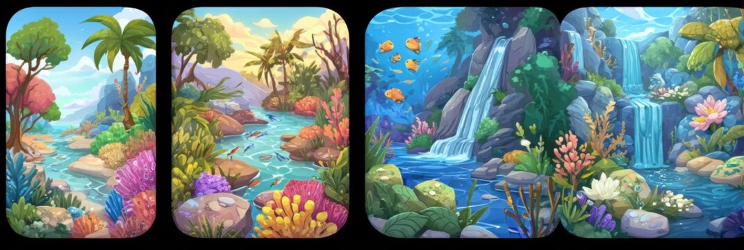 Set of Four Icons Representing Different Water Environments in a 2x2 Grid With Tropical, Ocean, River, and Waterfall Settings Showcasing White Ceramic Design