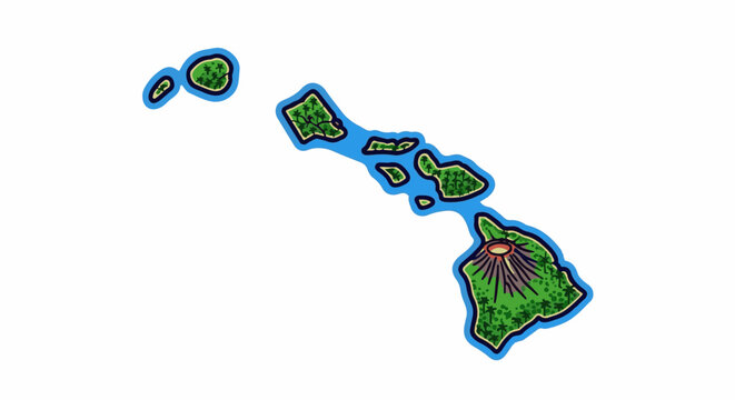 Cartoon illustration of the Hawaiian Islands with a volcano