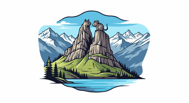 A cat and mouse sit atop rocky peaks in a mountain landscape