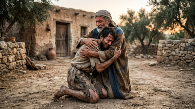 Elderly father hugging crying son in worn clothes. Biblical scene of prodigal son return. Emotional reunion, reconciliation and forgiveness concept. Historical drama, spiritual theme.