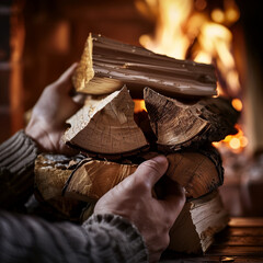 Fototapeta premium Man holding firewood logs by fireplace in cozy indoor setting 