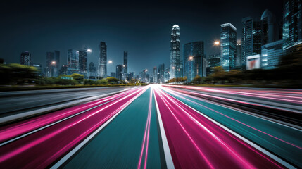 Fototapeta premium High-speed light trails on highway with city skyline at night. Represents motion, transportation, urban life, and modern technology.