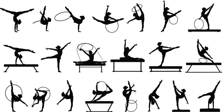 Large set of rhythmic gymnastics and artistic gymnastics silhouettes featuring female athletes with hoops, balance beams, and floor exercises, vector