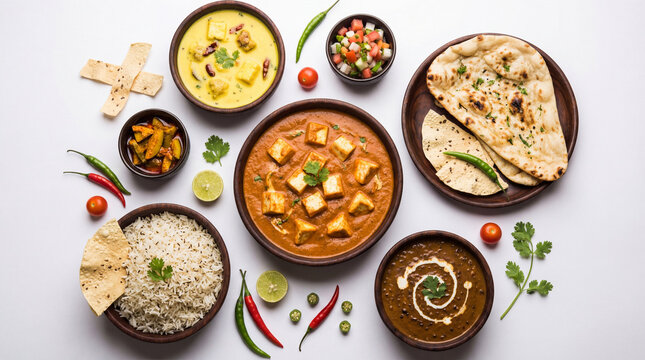 Top view of traditional indian food spread with paneer butter masala, dal makhani, kadhi, jeera rice, naan, papad, salad, and pickles isolated on white background