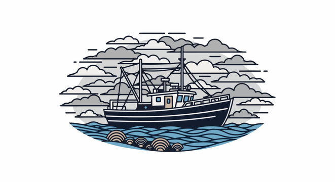 Stylized fishing trawler sails through wavy blue ocean amidst cloudy sky
