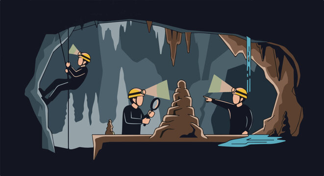 Explorers in a cave examining stalagmites with lights and rope