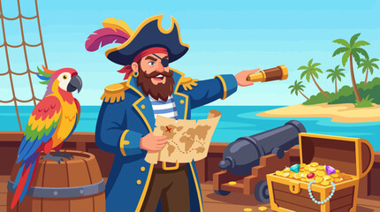 A vibrant pirate captain stands aboard a ship, holding a treasure map and guided by a colorful parrot, embodying the adventurous spirit and allure of pirate lore and exploration. © Zhimin