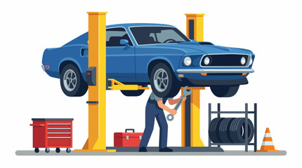 Naklejka premium An iconic blue classic muscle car being serviced in a garage, highlighting the importance of vehicle maintenance and the automotive craftsmanship involved.