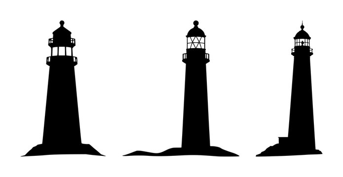 Solid black icon, white background: lighthouse icon set with simple line art design featuring simple design, minimalist, black and white with illustrations and graphics