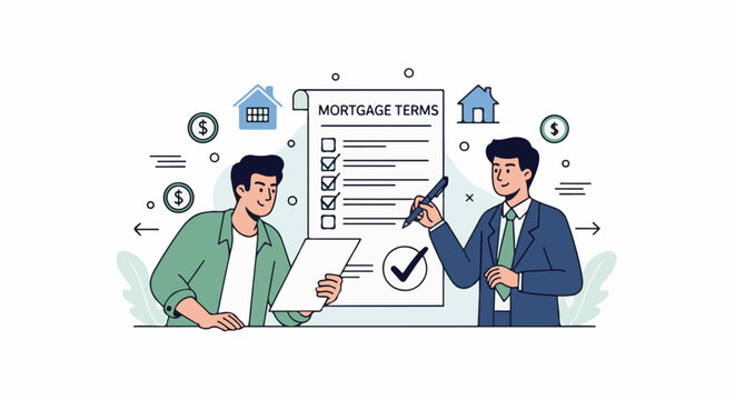 Two men discuss mortgage terms with houses and money symbols