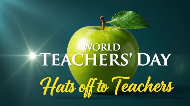 World teachers day celebration with green apple and leaf on blue background