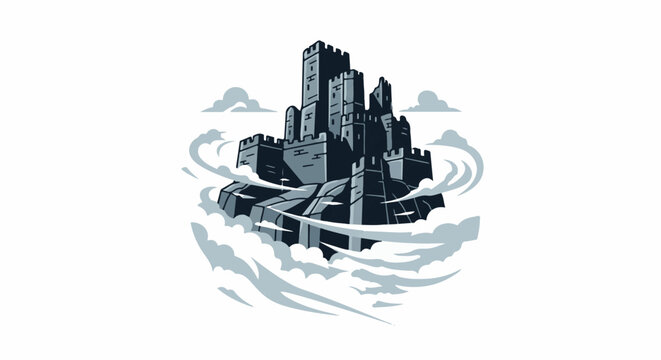 A dark, pixelated castle sits atop a rocky island surrounded by clouds